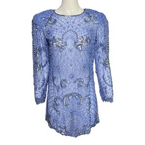 Vintage Lillie Rubin Blue Beaded Sequin Cocktail Dress Art Deco 80s Glam Size M